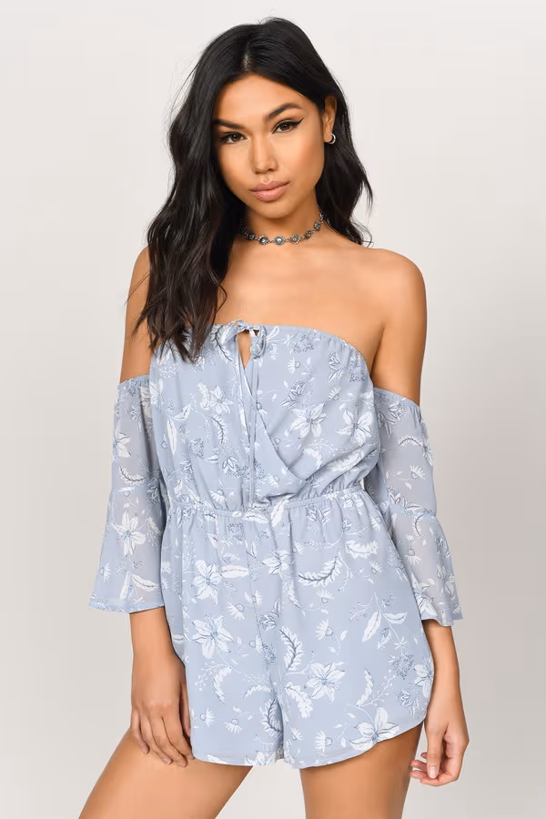 Taylor Off the Shoulder Romper - Light Blue Multi