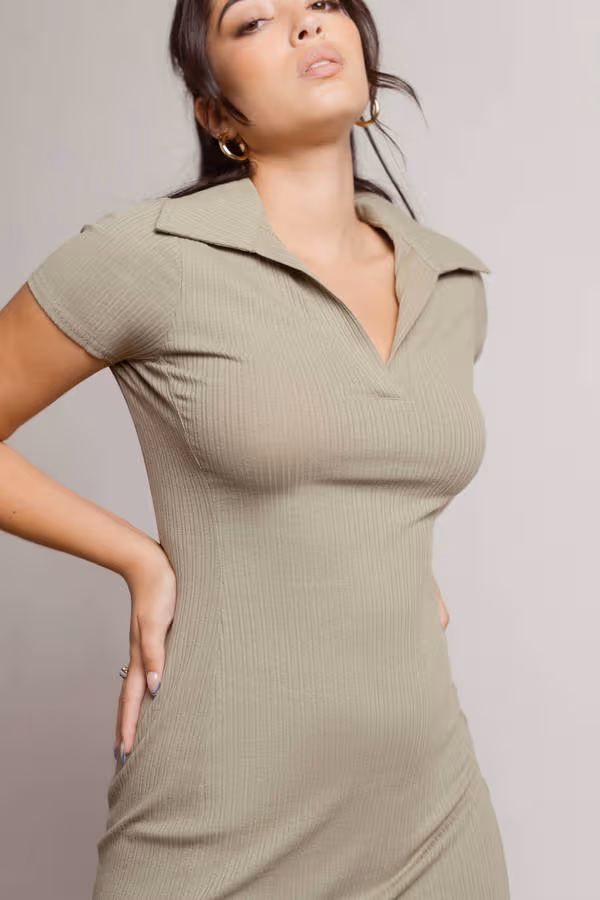 Break Point Collared Ribbed Mini Dress - Olive