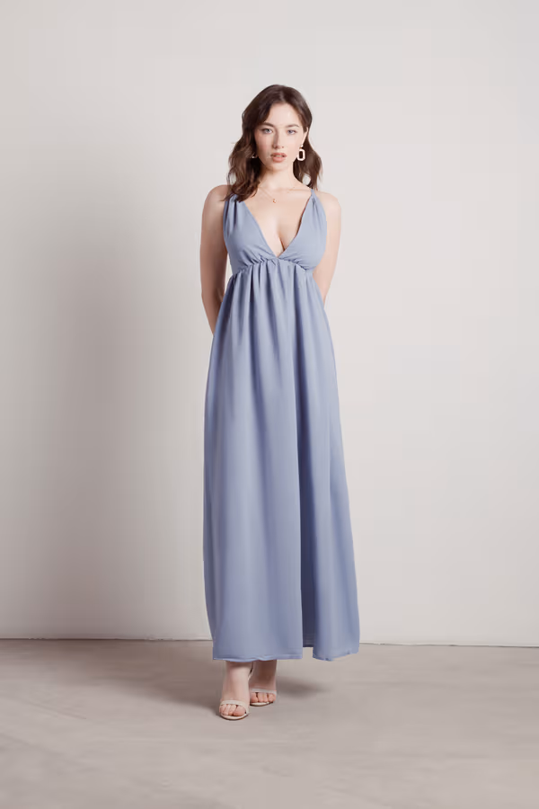 Kallie Deep V Empire Maxi Dress - Dusty Blue