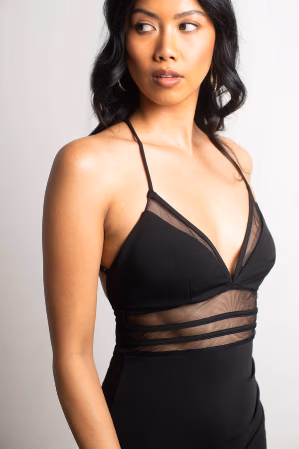 Midnight Hour Black High Slit Mesh Paneled Maxi Dress