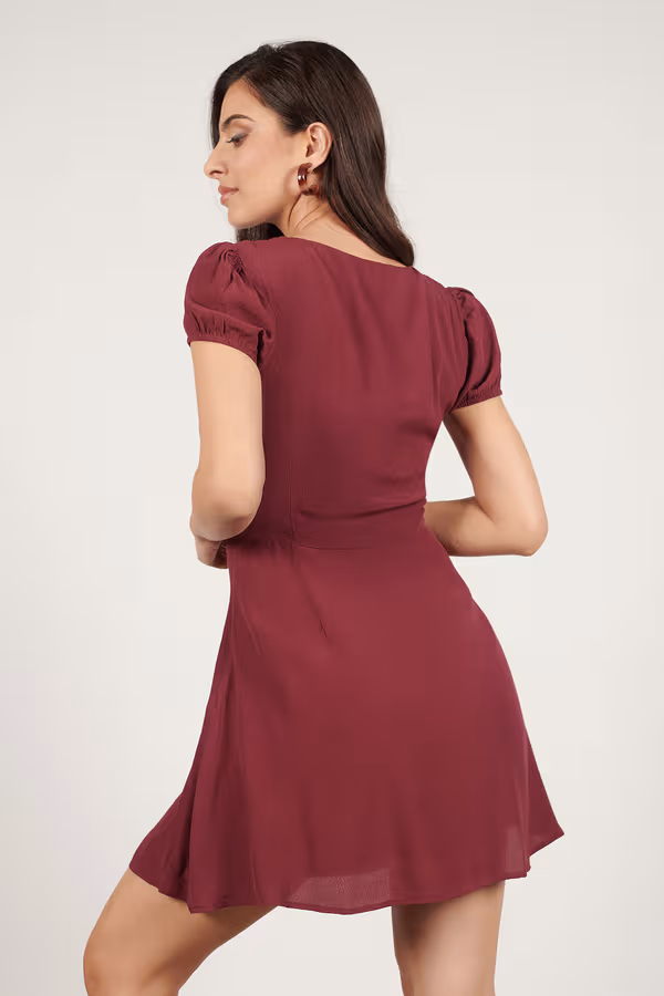Jaycie Puff Sleeve Skater Mini Dress - Wine