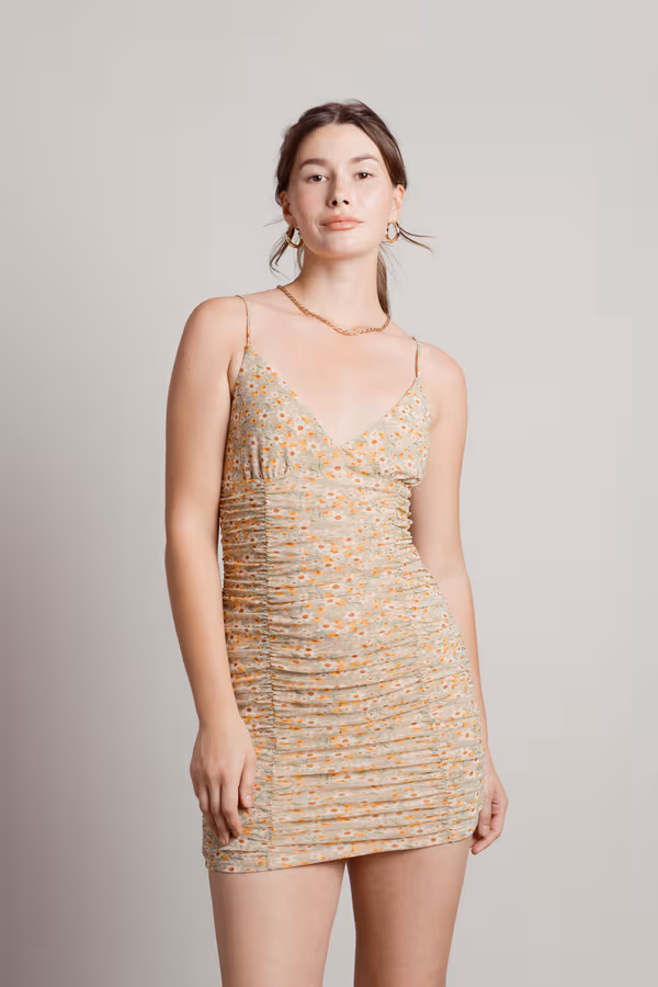 Milo Floral Ruched Mini Dress - Tan