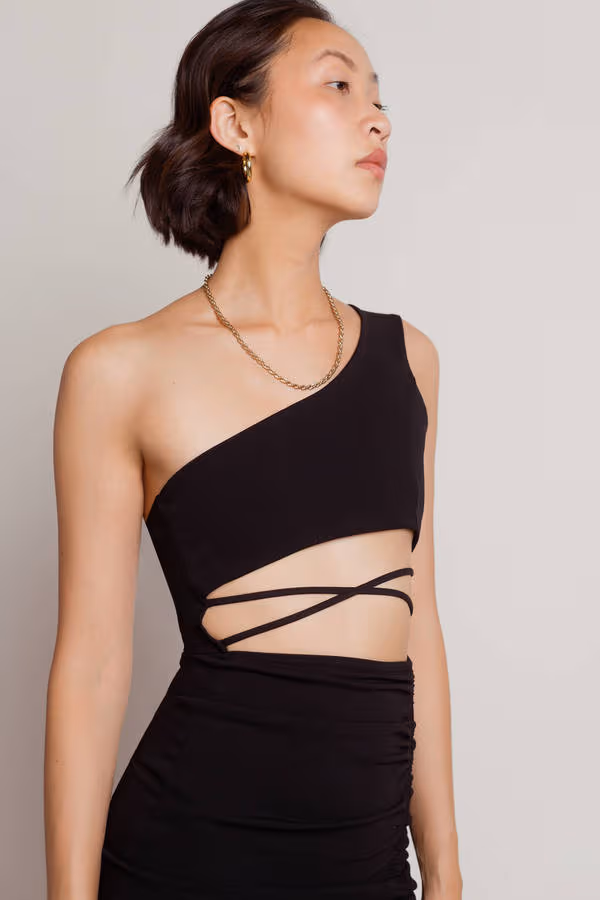 Gotta Find Me One Shoulder High Slit Midi Dress - Black