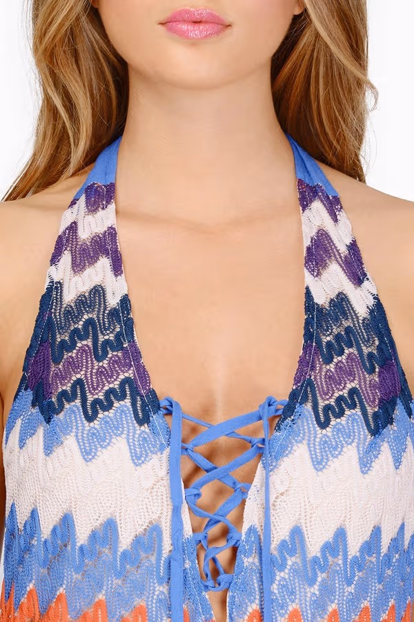 Happy Daze Lace Up Backless Maxi Dress - Blue Multi