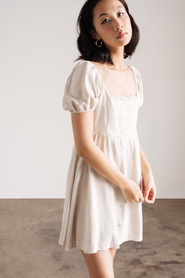 Yvette Puff Sleeve Skater Mini Dress - Beige