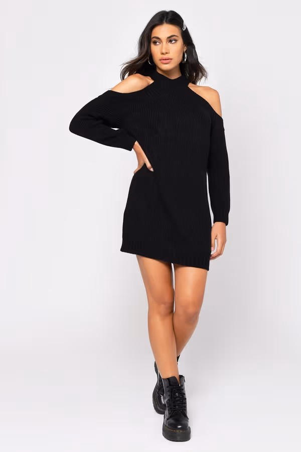 Half Thought Cold Shoulder Sweater Mini Dress - Vintage Blue