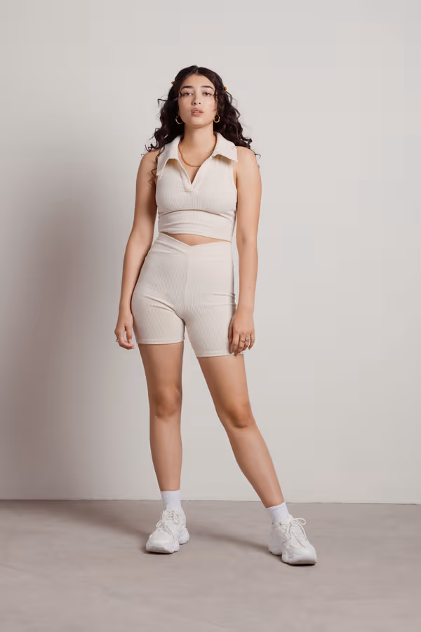 As One Does Ribbed Crop Top and Short Set - Cream