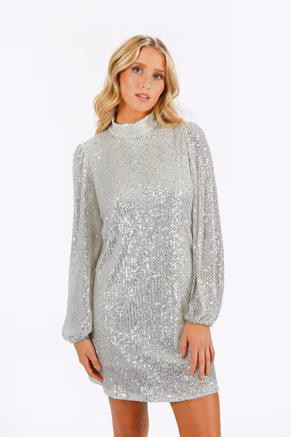 Kielle Sequin Mock Neck Mini Dress - Silver