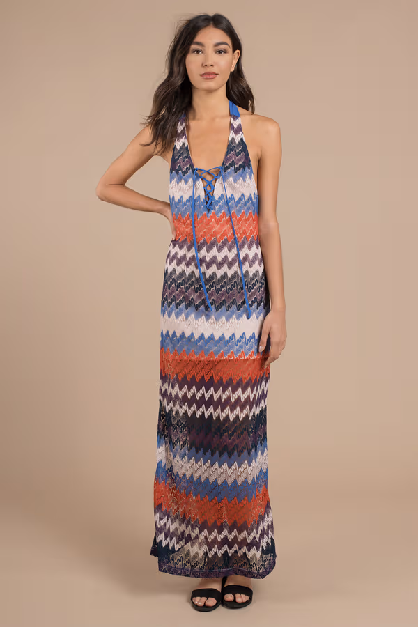 Happy Daze Lace Up Backless Maxi Dress - Blue Multi