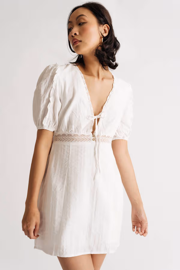 Eloise Plunging Lace Mini Dress - White