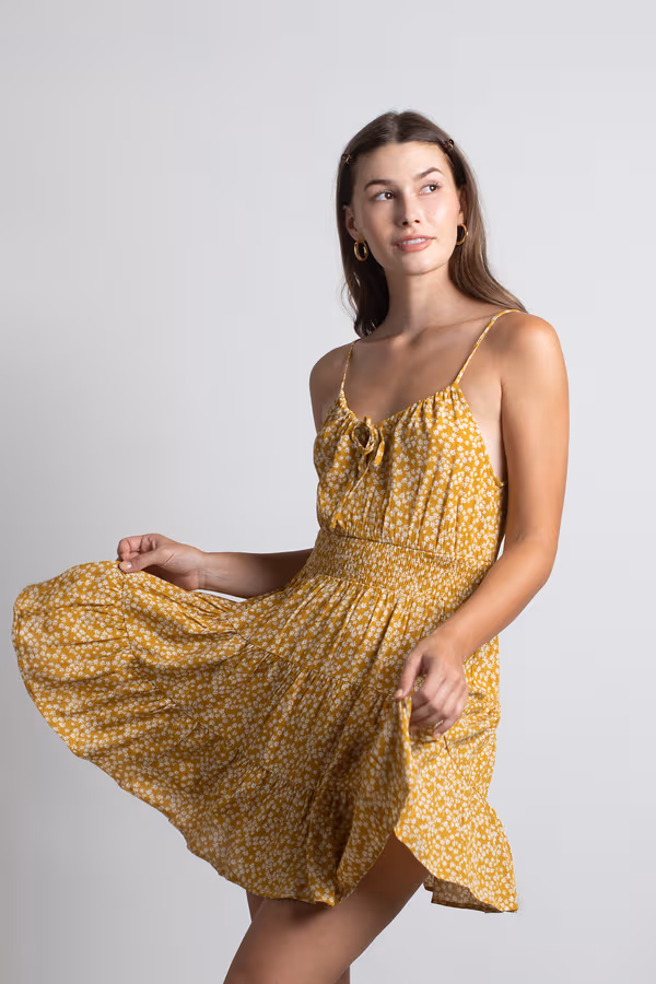 West Coast Sun Floral Skater Mini Dress - Yellow
