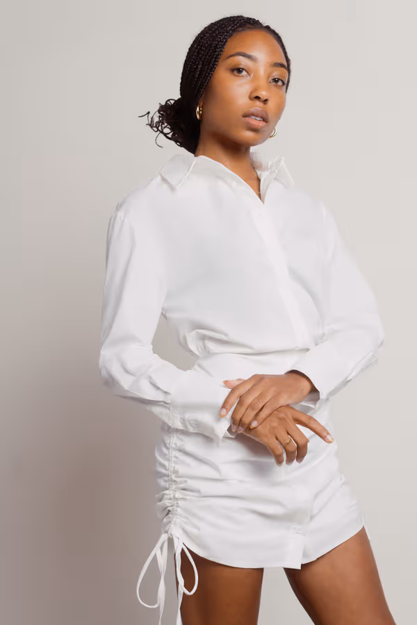 Mind Your Business Button Up Shirt Mini Dress - Off White
