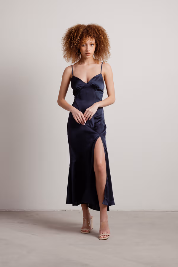 Rylie Satin High Slit Midi Dress - Navy