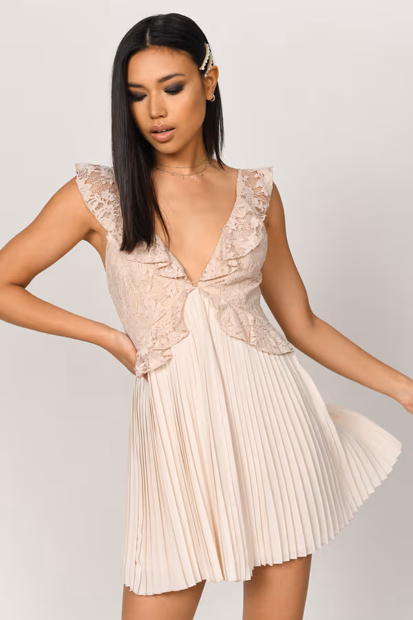 Just Us Two Lace Skater Mini Dress - Champagne