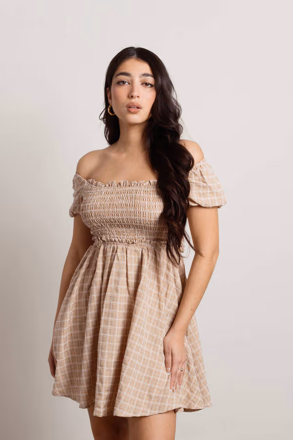 Lyndsey Lace Up Back Babydoll Mini Dress - Beige