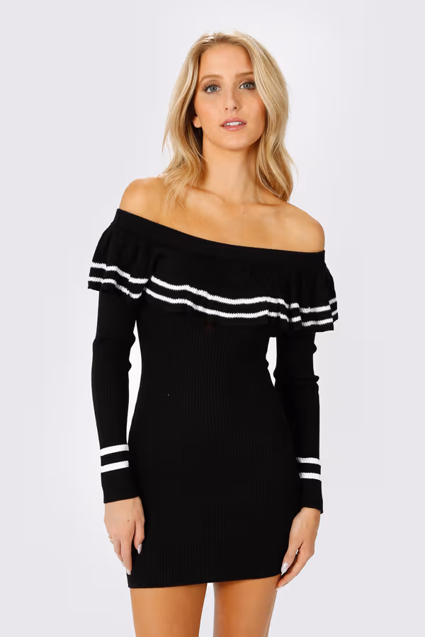 Christina Ribbed Off The Shoulder Mini Dress - Black
