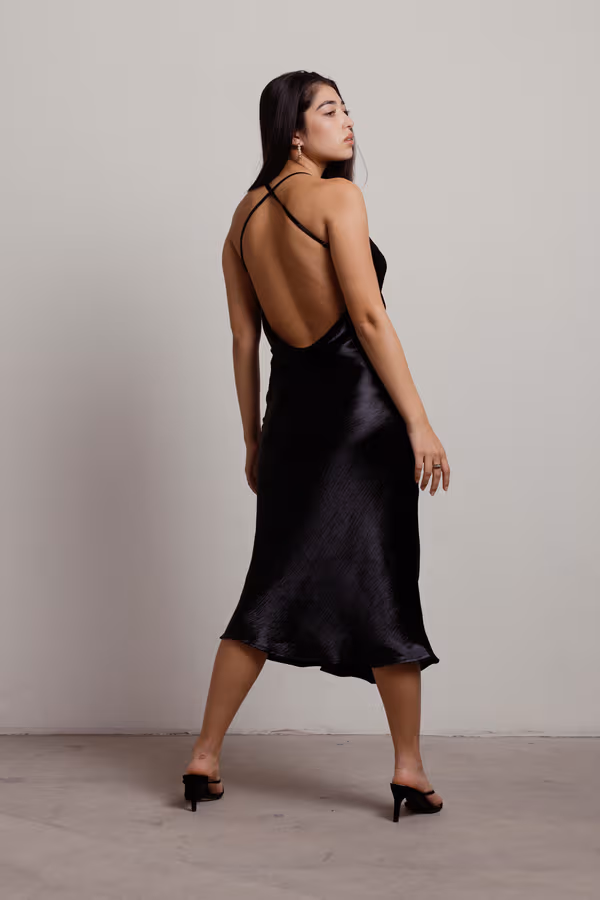 So Shiny Satin Cross Back Midi Dress - Black