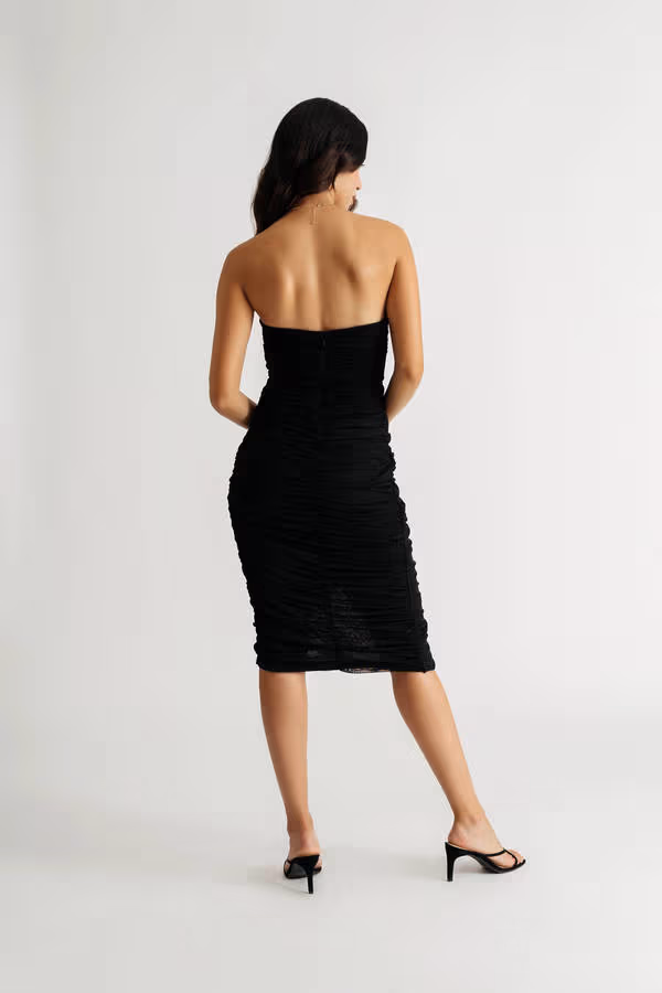 Dreamy State Black Strapless Ruched Midi Dress