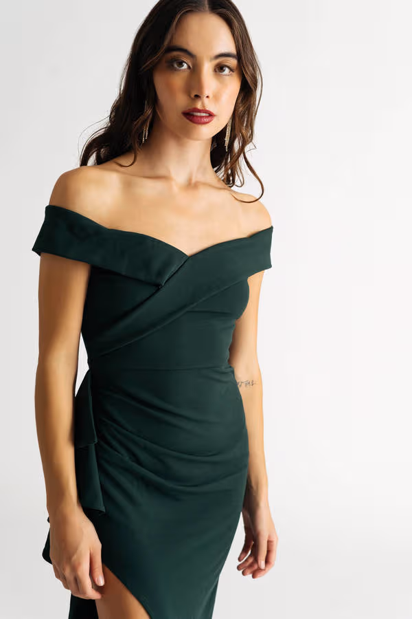 Skye Off The Shoulder High Slit Maxi Dress - Hunter Green