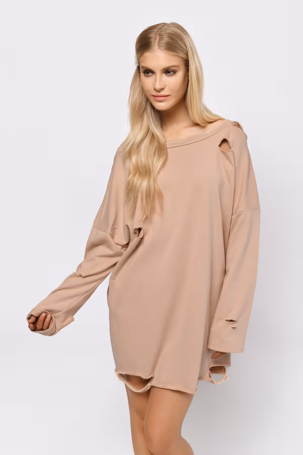 Show Distressed Sweater Mini Dress - Natural