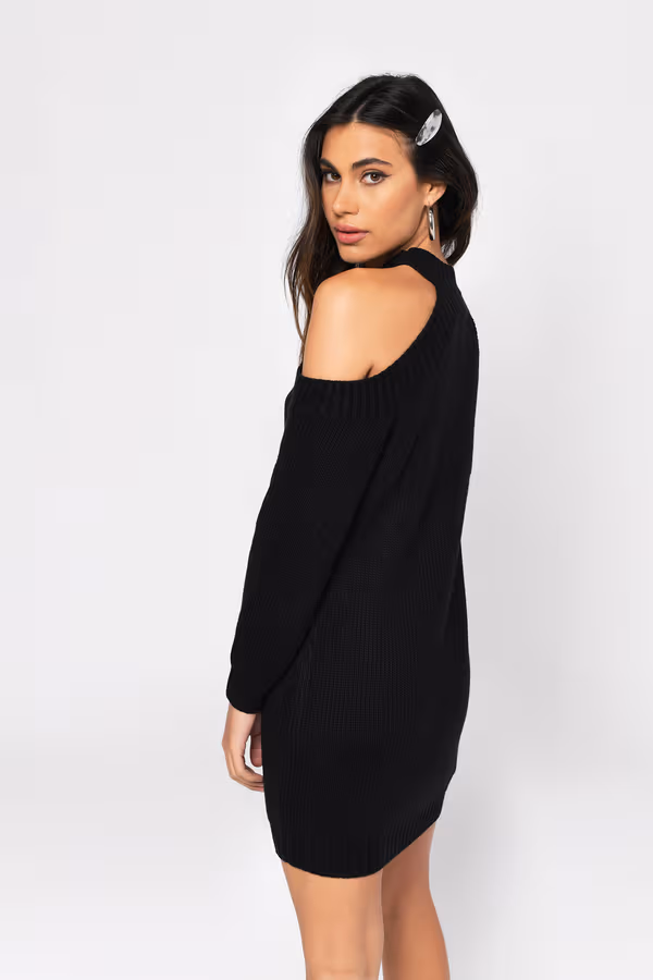 Half Thought Cold Shoulder Sweater Mini Dress - Black