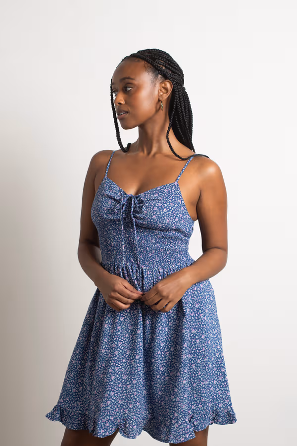 Cool And Calm Floral Skater Mini Dress - Navy