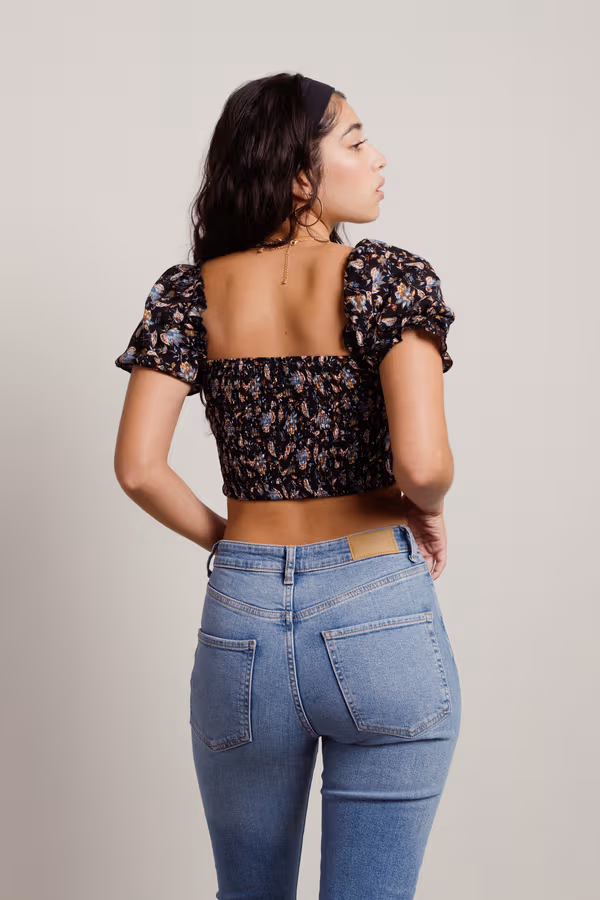 Falling Petals Crop Top - Black Multi