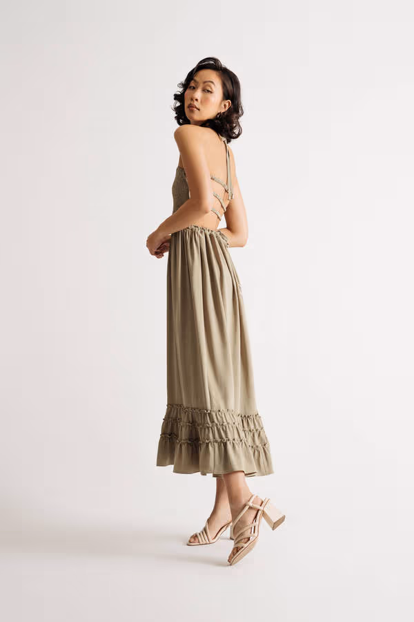 On To Something Smocked Open Back Midi Dress - Olive