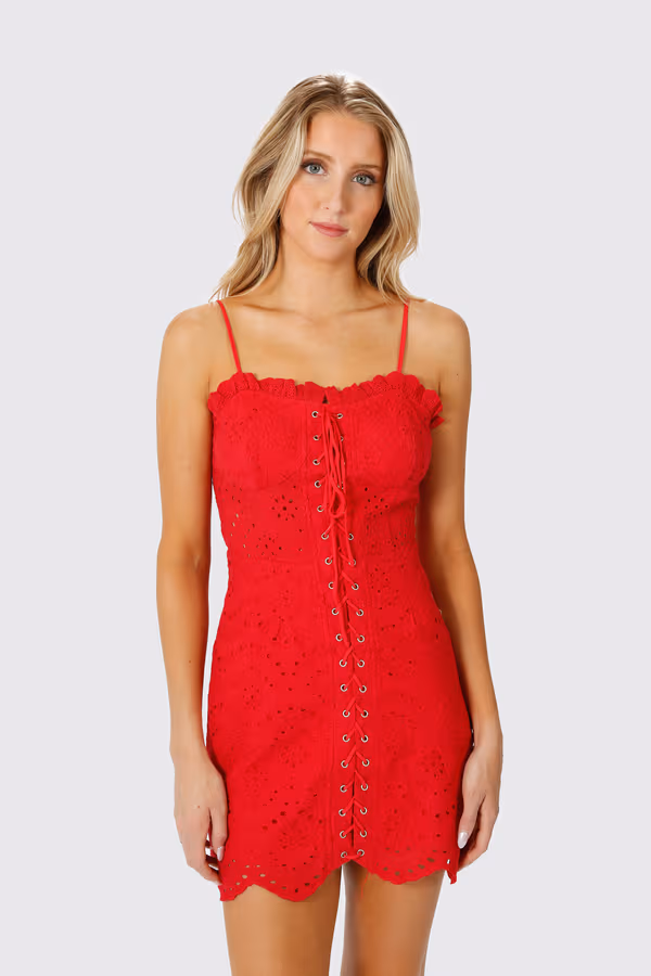 Elsa Lace Up Eyelet Mini Dress - Red