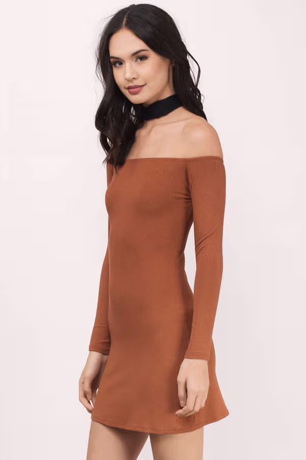 Jackie Ribbed Knit Off The Shoulder Mini Dress - Rust