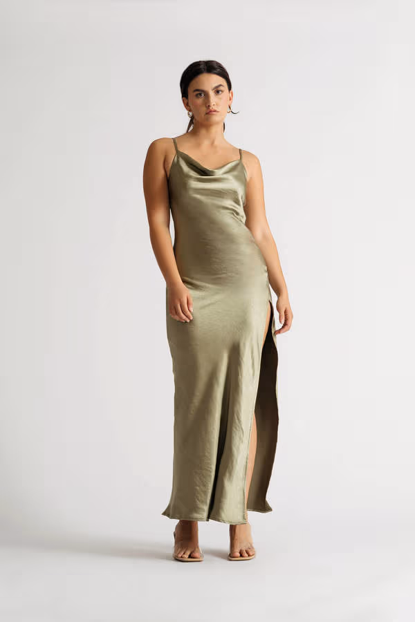 Our Moment Black Cowl Neck Satin Slit Maxi Dress