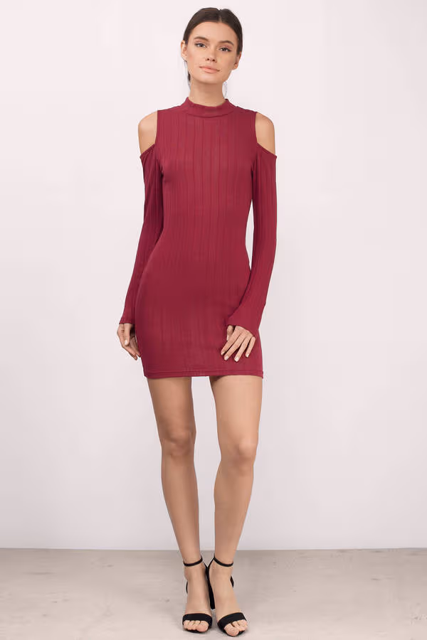 Juliette Ribbed Cold Shoulder Mini Dress - Wine
