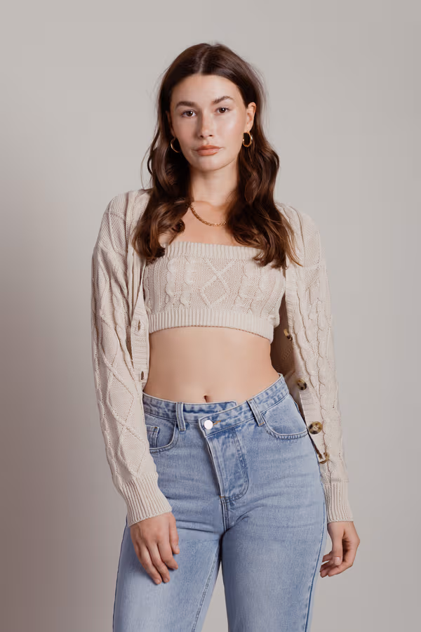 Isla Cable Knit Crop Top and Cardigan Set - Sage