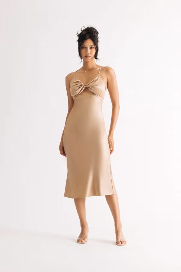 Take Me Out Beige Satin Twist Cutout Midi Dress