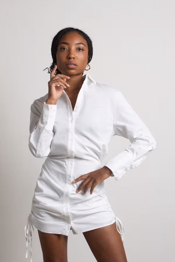 Mind Your Business Button Up Shirt Mini Dress - Off White
