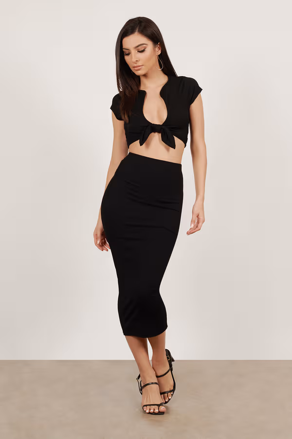 Excited For It Ribbed Crop Top and Midi Skirt Set - Black