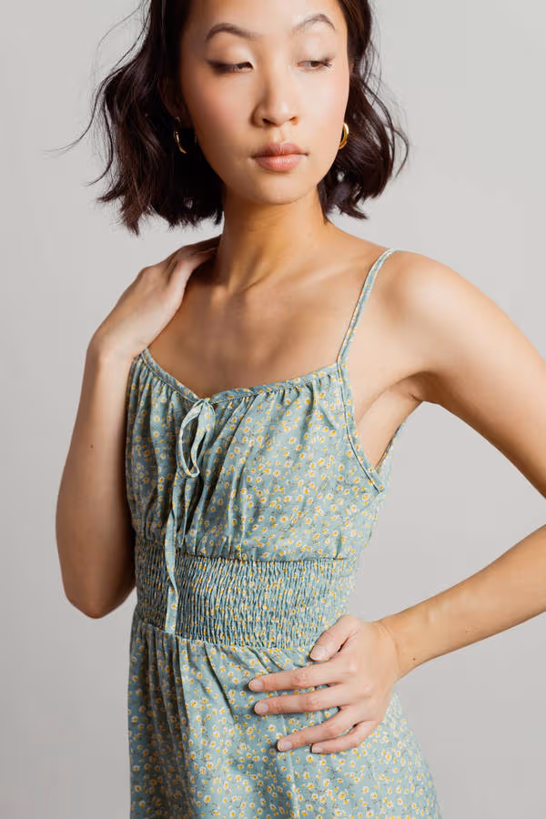 Waiting Around Floral Smocked Mini Dress - Green
