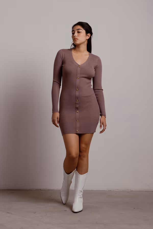Oxnard Ribbed Sweater Mini Dress - Mocha