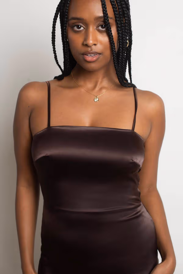 Instant Feeling Satin Open Back Mini Dress - Chocolate