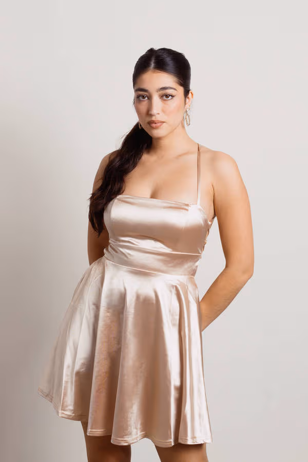 Your Fave Champagne Satin Lace Up Skater Mini Dress