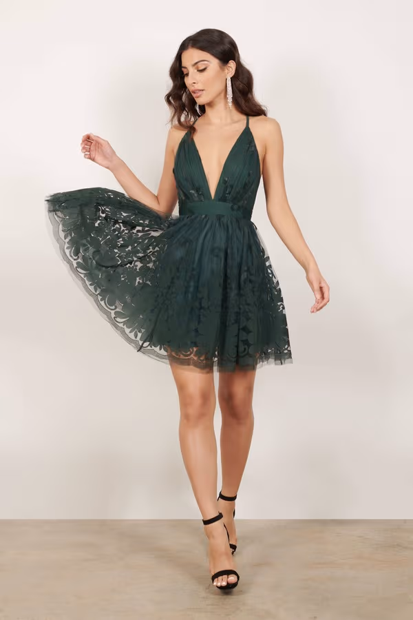 Grateful For My Ex Plunging Skater Mini Dress - Emerald