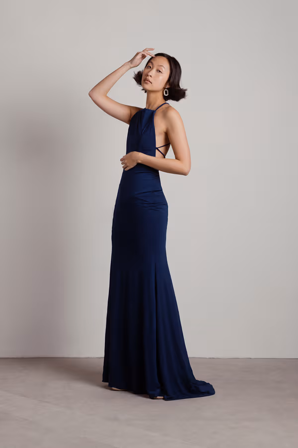Another Night Out Halter Cross Back Maxi Dress - Navy