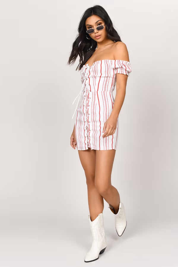 Nikki Lace Up Off The Shoulder Mini Dress - Red