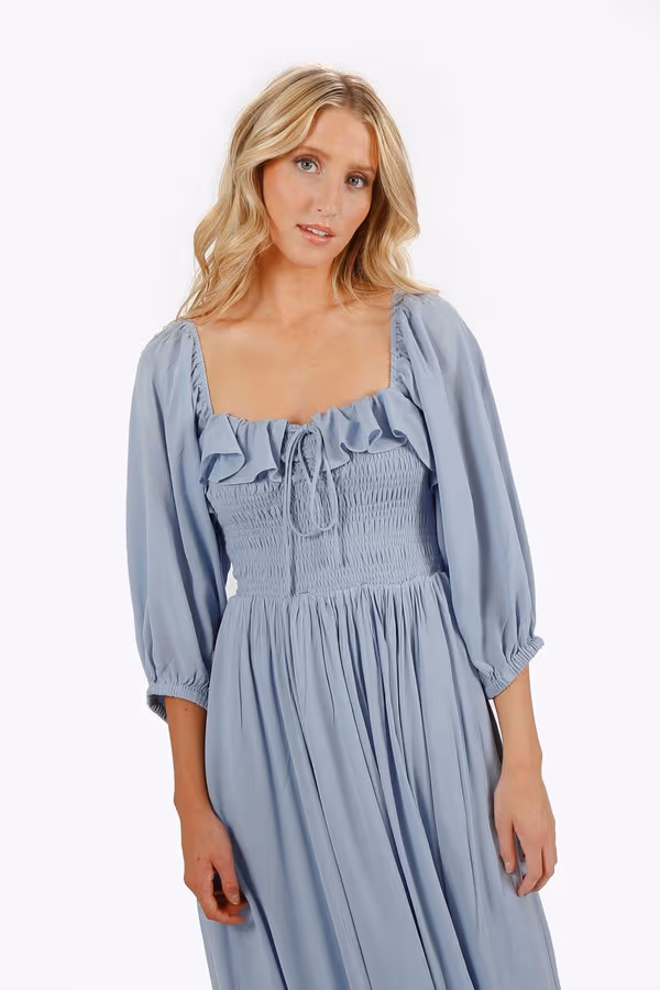 Ariadne Geri Dress Square Neck Smocked Midi Dress - Sky Blue