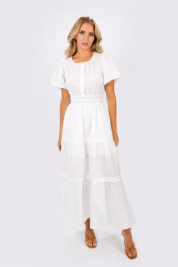 Salem Button Up Tiered Maxi Dress - White