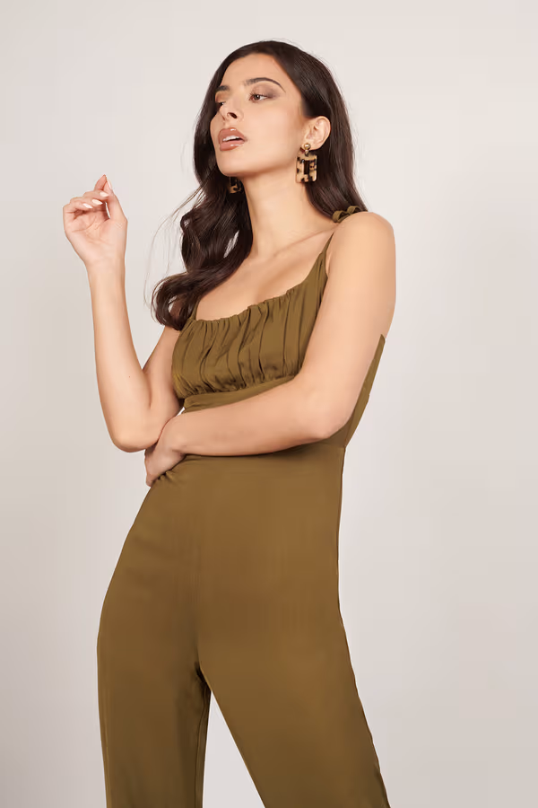 Waste No Time Ruched Bust Jumpsuit - Olive