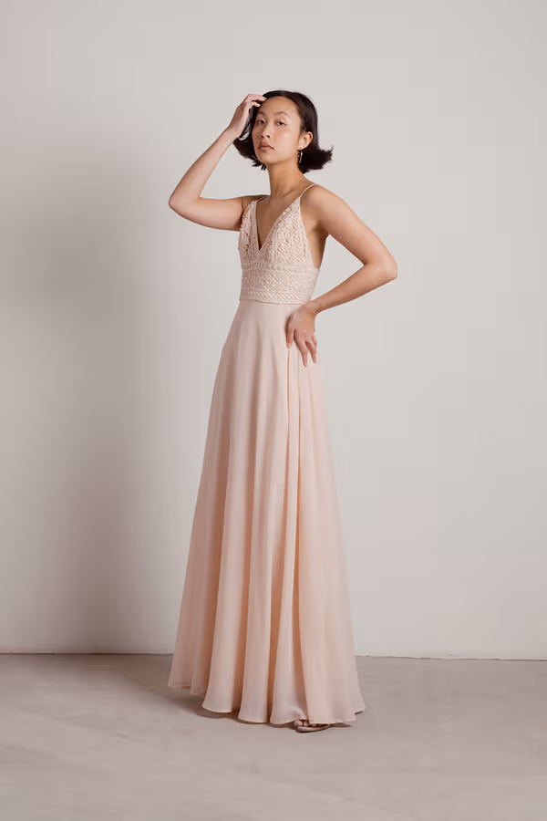 Enchanted Crochet Deep V Maxi Dress - Blush