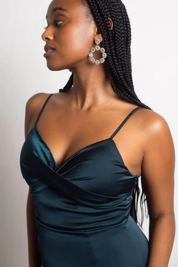 One More Night Satin High Slit Maxi Dress - Emerald