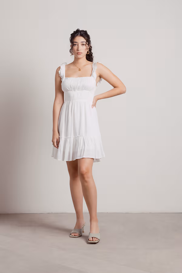 Dime Piece Smocked Square Neck Mini Dress - Beige