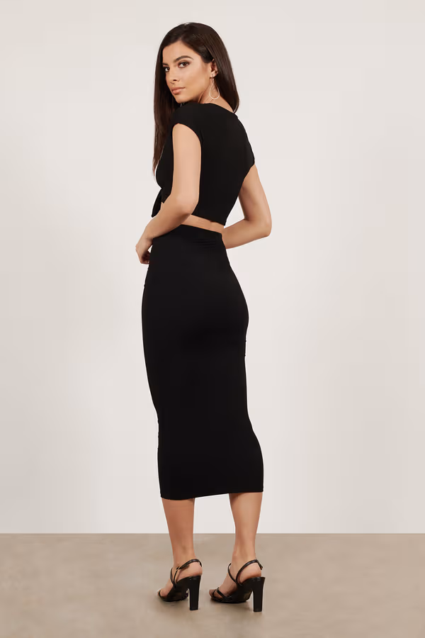 Excited For It Ribbed Crop Top and Midi Skirt Set - Black